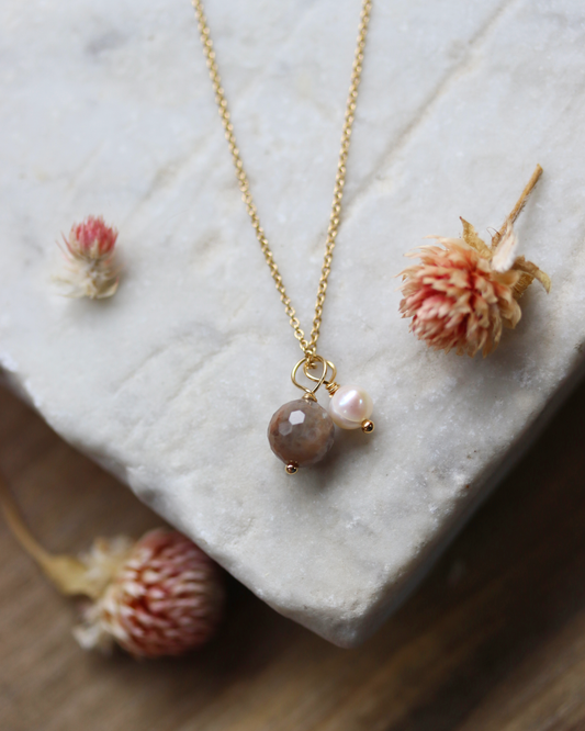 Earth and Moon Necklace - Gold Fill, Black Sunstone and Pearl
