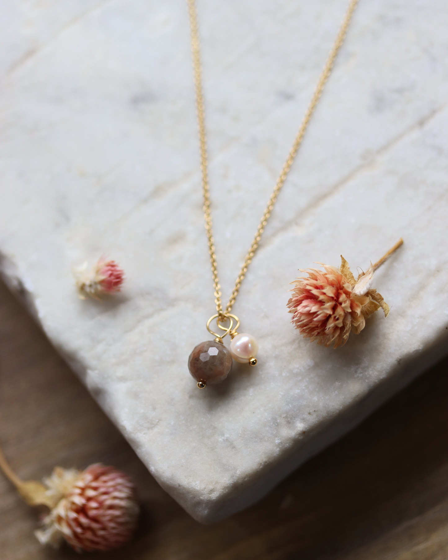 Earth and Moon Necklace - Gold Fill, Black Sunstone and Pearl