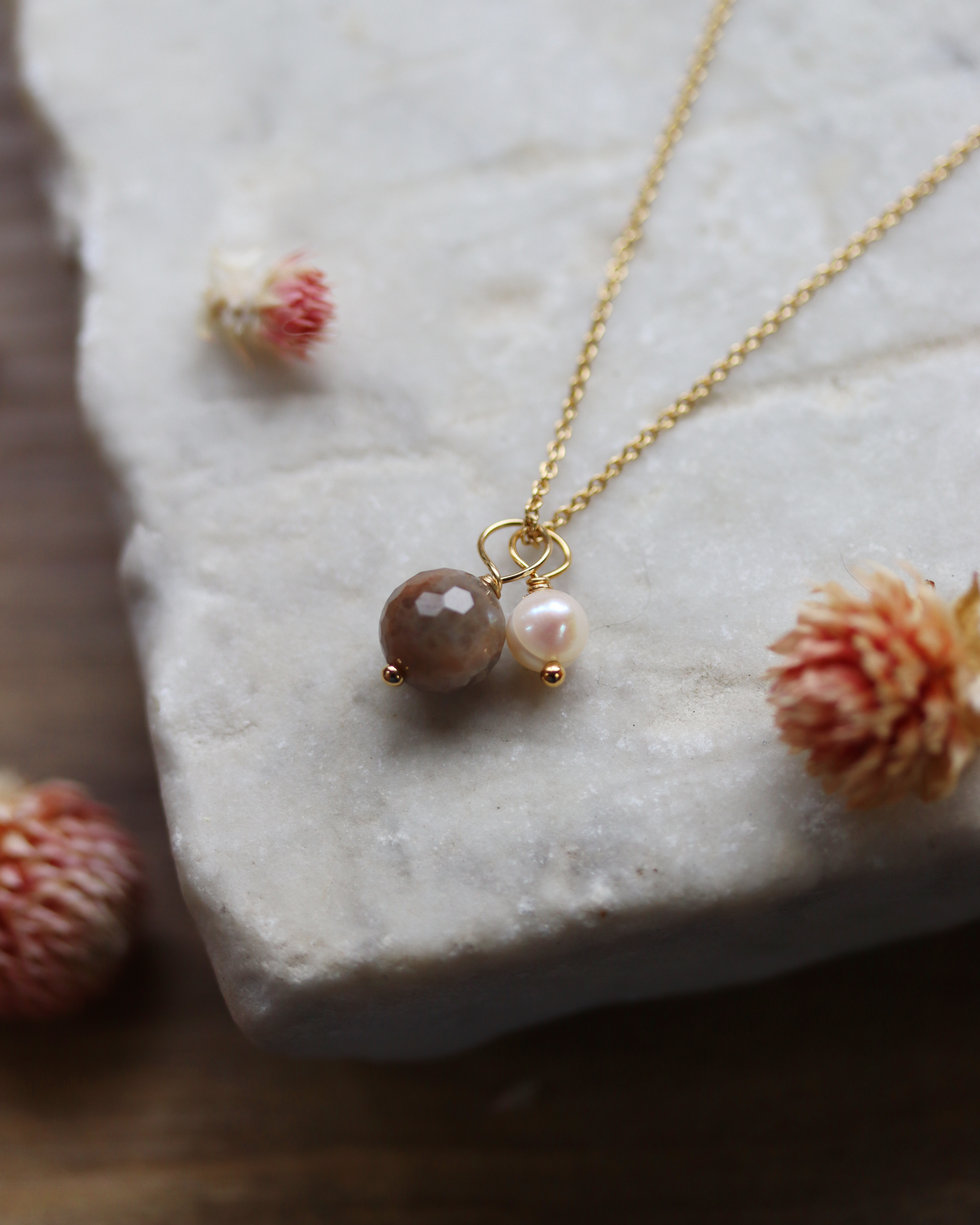 Earth and Moon Necklace - Gold Fill, Black Sunstone and Pearl