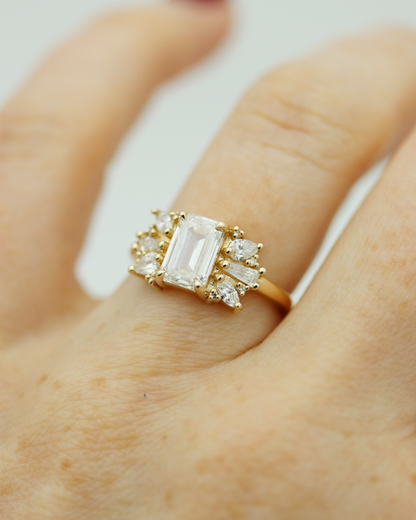 Davina 1.42ct Emerald Cut Lab Diamond Engagement Ring with Asymmetric Lab Diamond Accents
