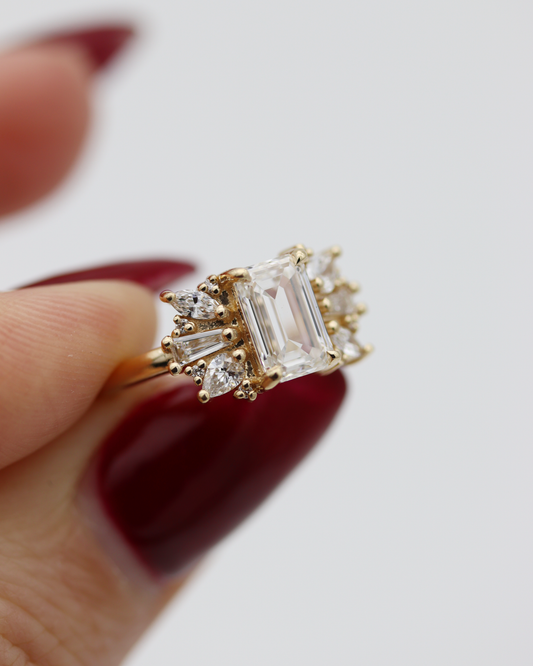 Davina 1.42ct Emerald Cut Lab Diamond Engagement Ring with Asymmetric Lab Diamond Accents