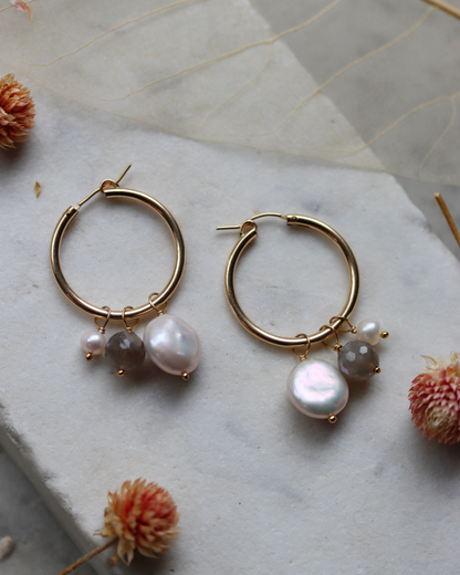 Gold Fill Hoops with Pearl and Sunstone Charms