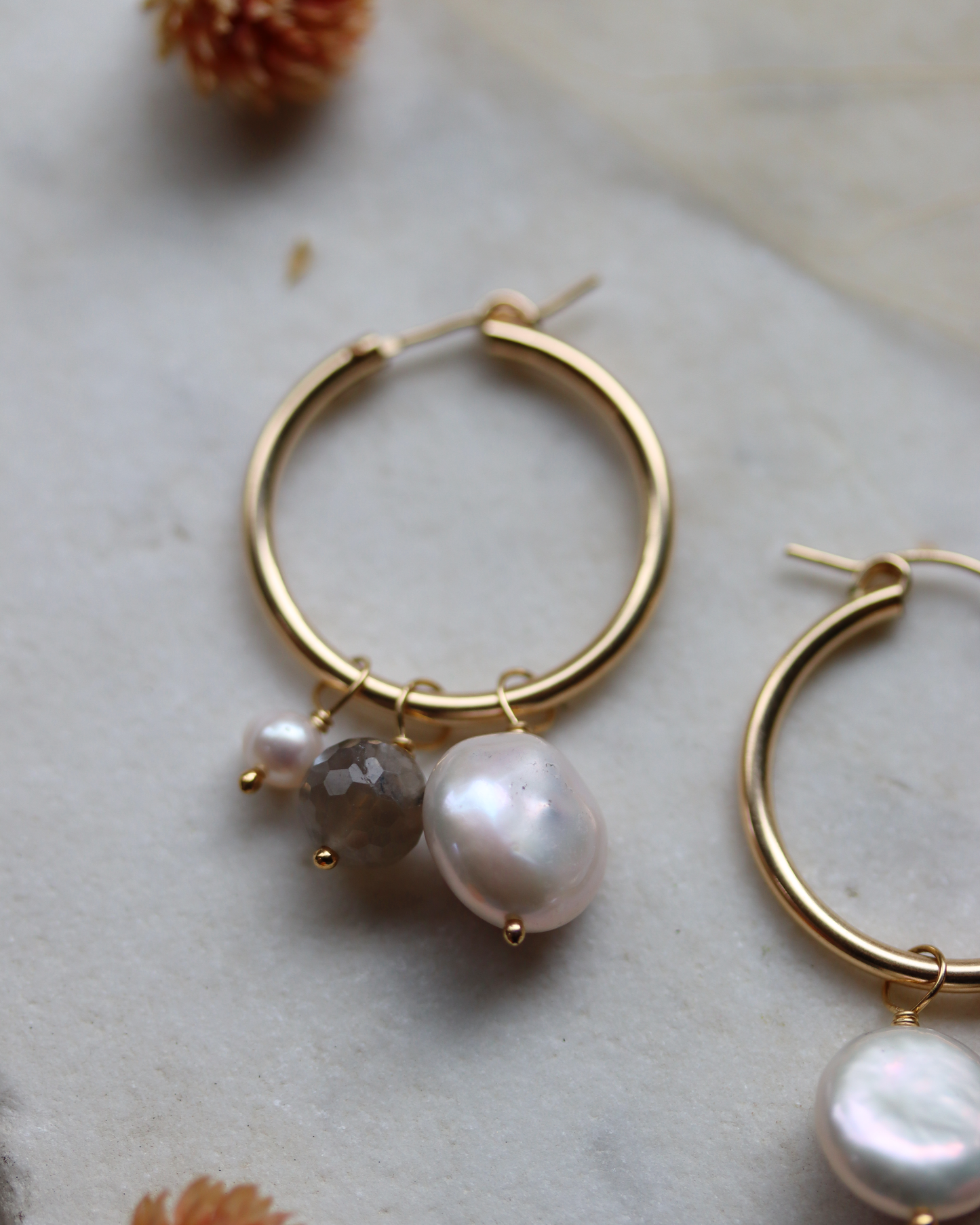 Gold Fill Hoops with Pearl and Sunstone Charms