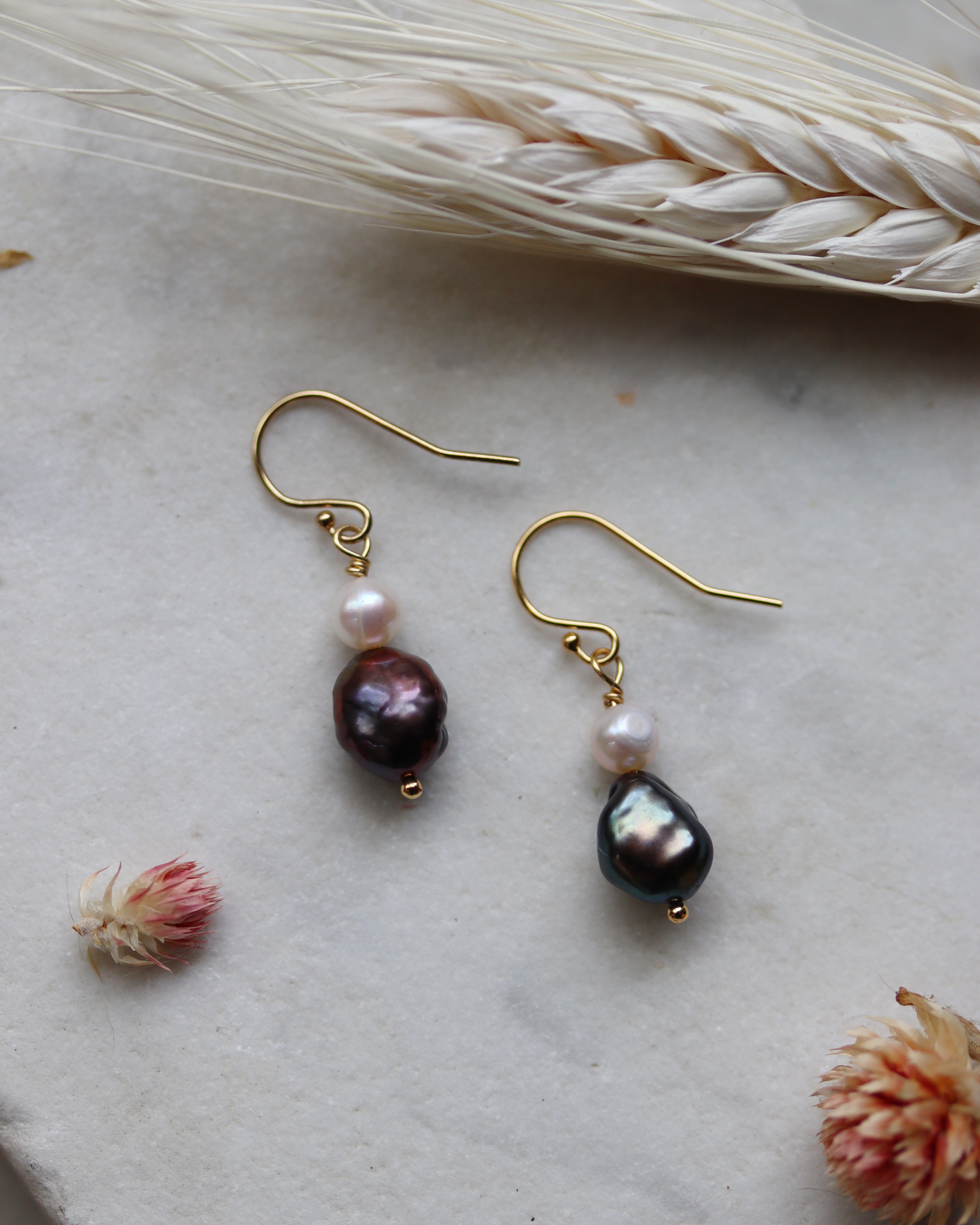 Gold Fill Plum and White Pearl Dangle Earrings