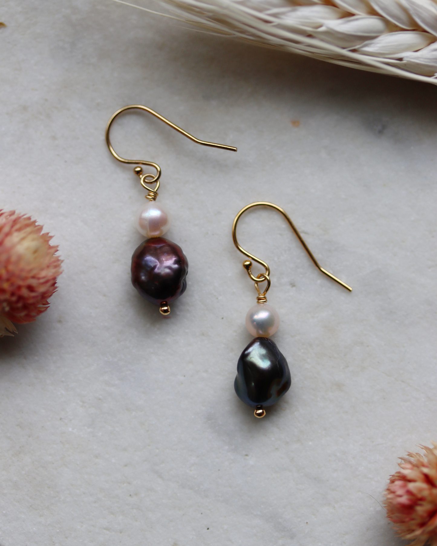 Gold Fill Plum and White Pearl Dangle Earrings