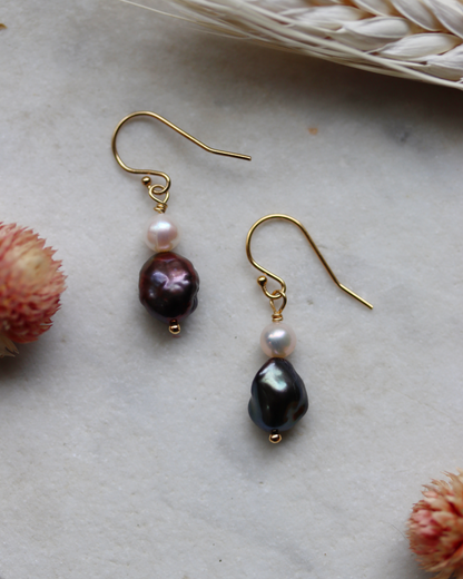 Gold Fill Plum and White Pearl Dangle Earrings
