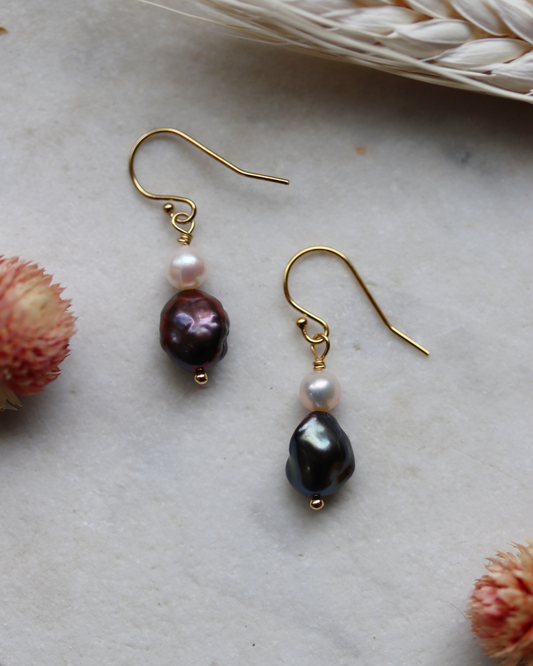Gold Fill Plum and White Pearl Dangle Earrings