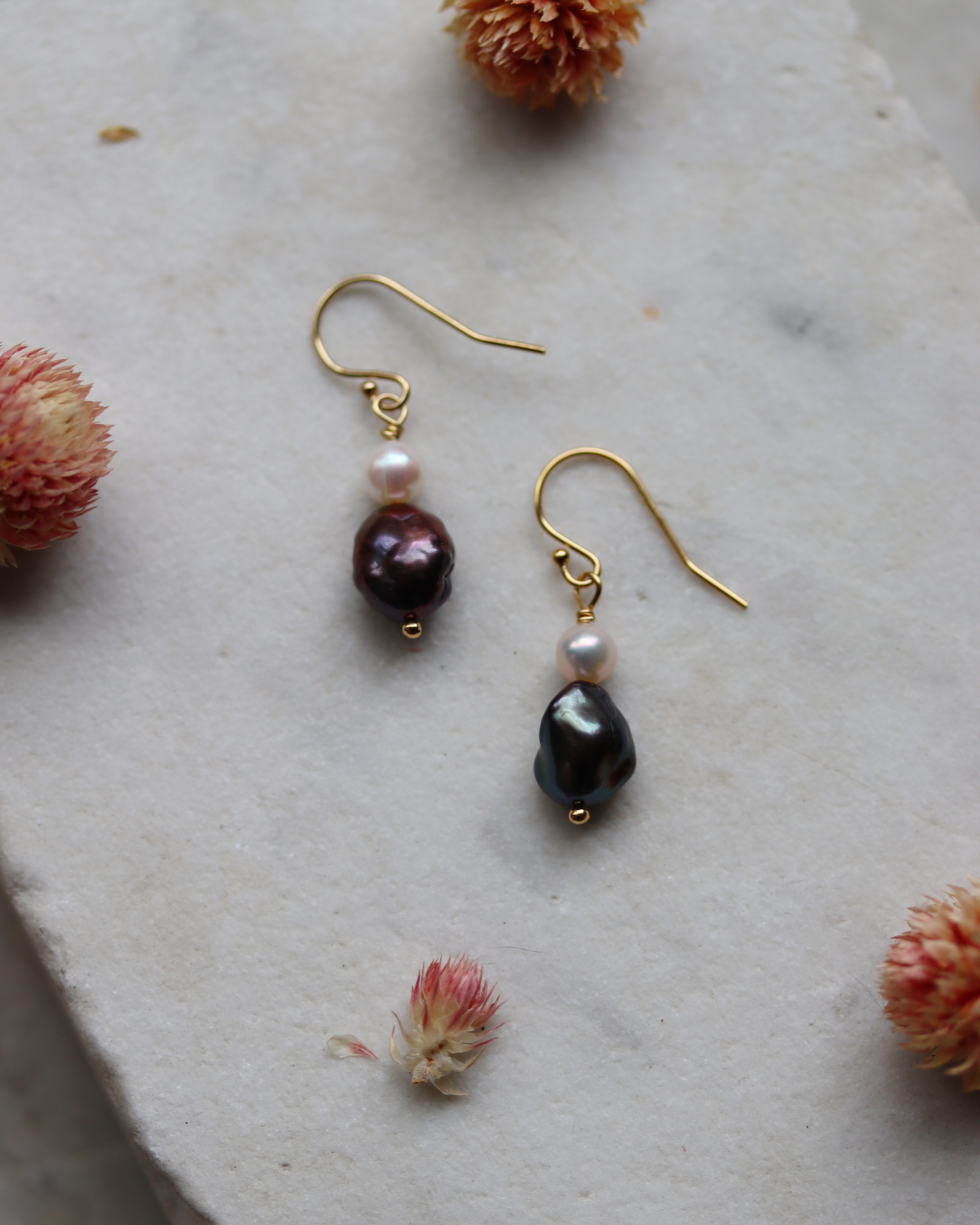 Gold Fill Plum and White Pearl Dangle Earrings