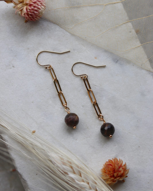 Gold Fill Paperclip Chain and Black Sunstone Dangle Earrings