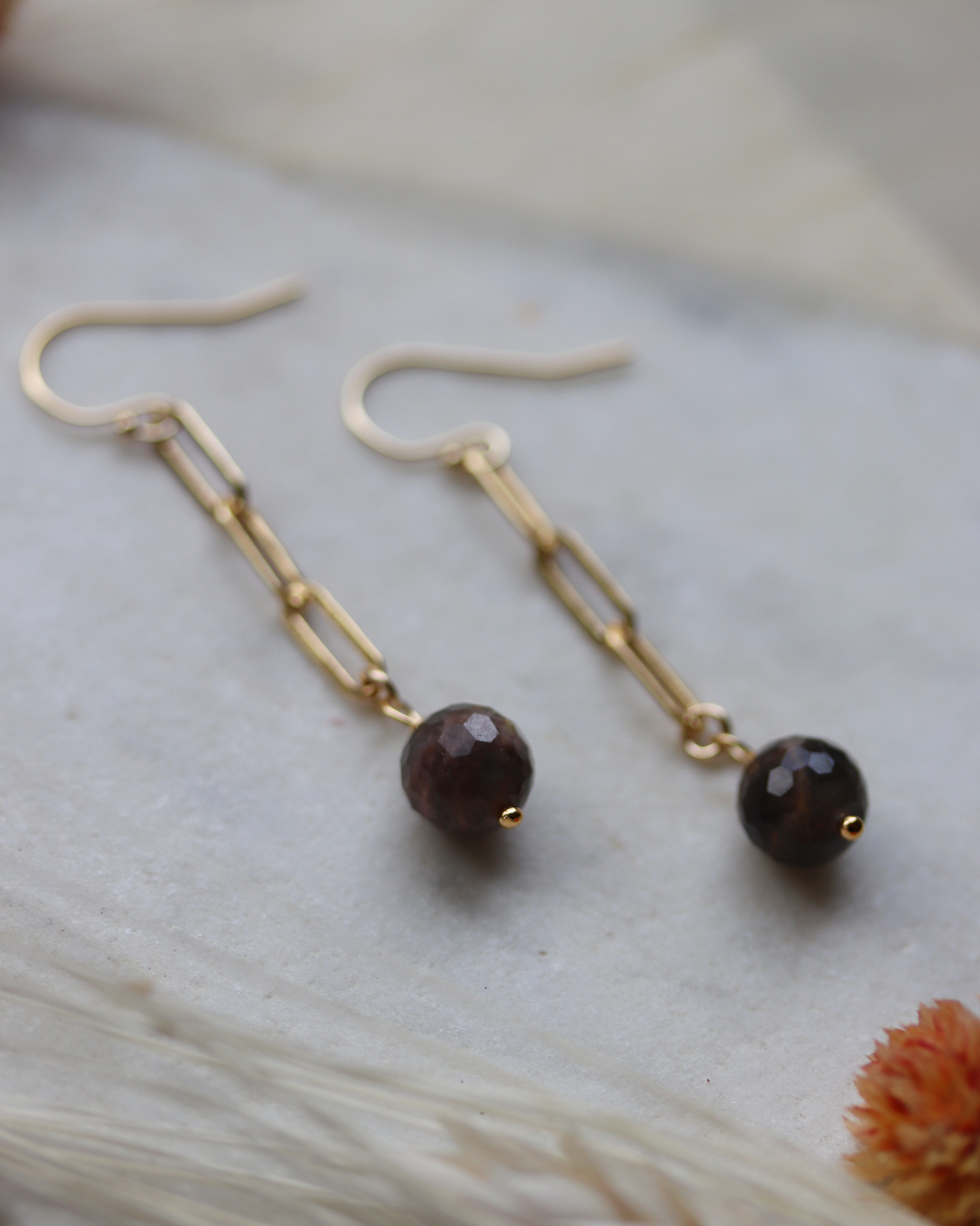 Gold Fill Paperclip Chain and Black Sunstone Dangle Earrings