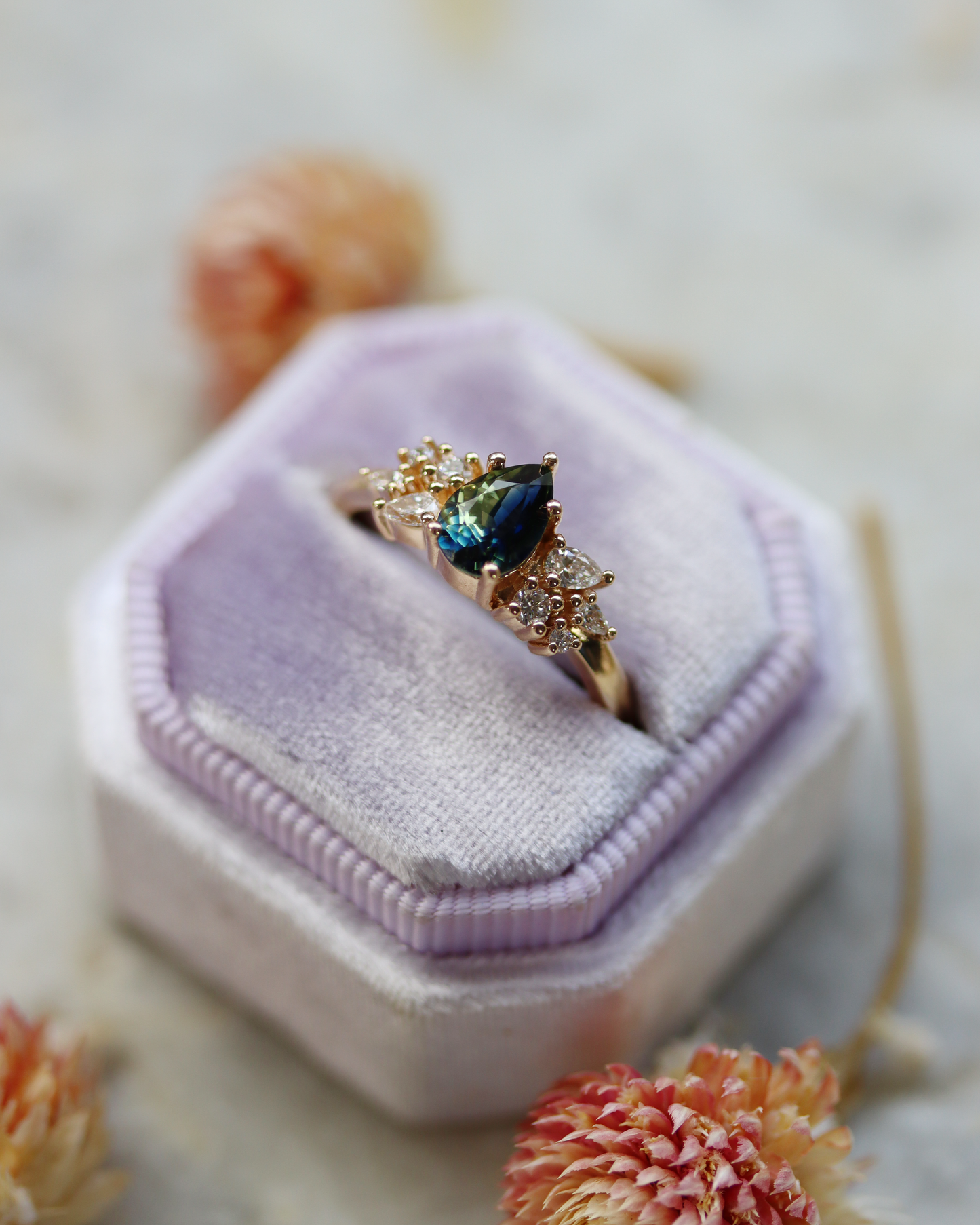 Maeve 0.92ct Blue Green Pear Cut Sapphire and Diamond Engagement Ring (Available for Custom)