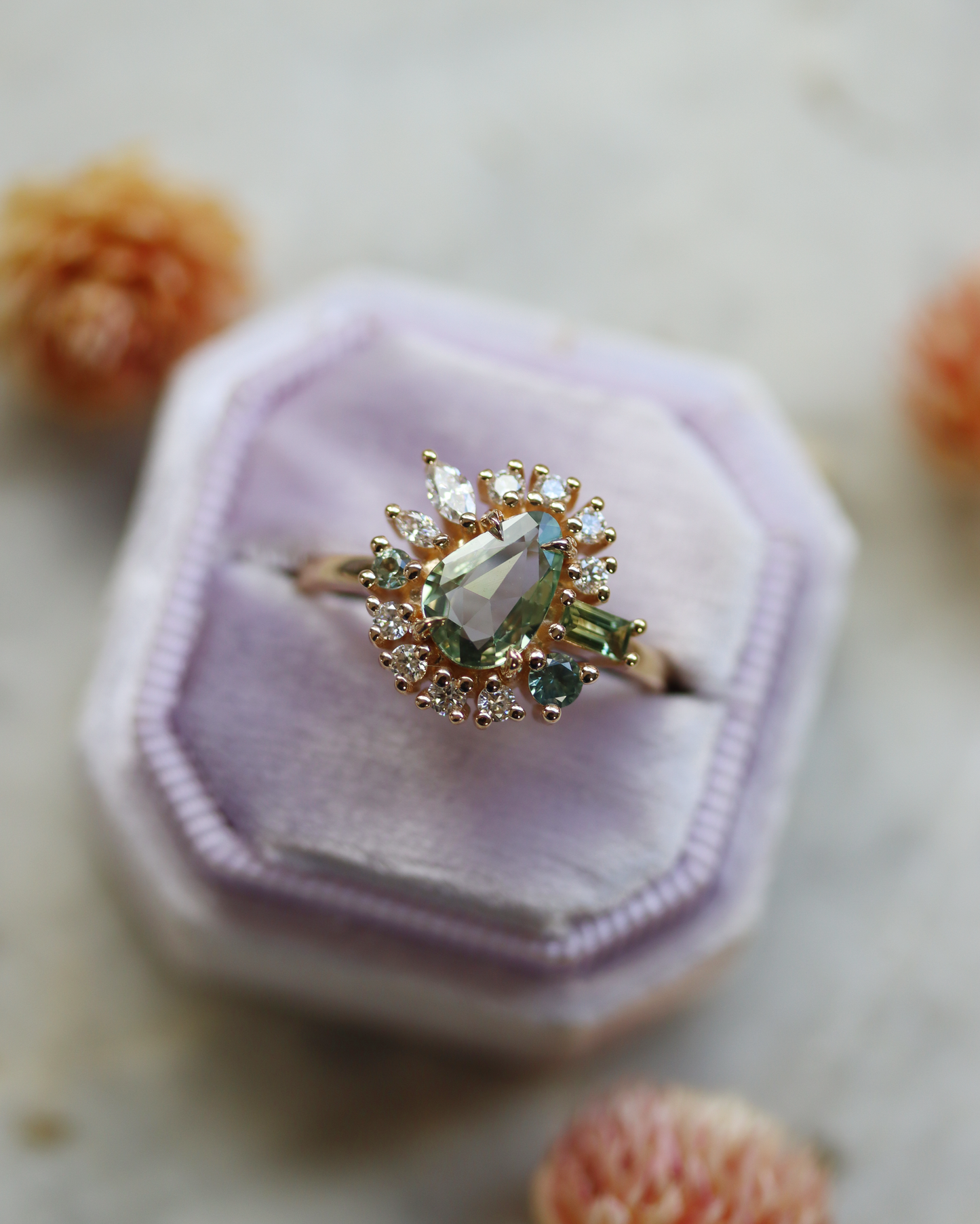 Painter’s Palette 0.90ct Sage Green Rose Cut Sapphire Cluster Ring