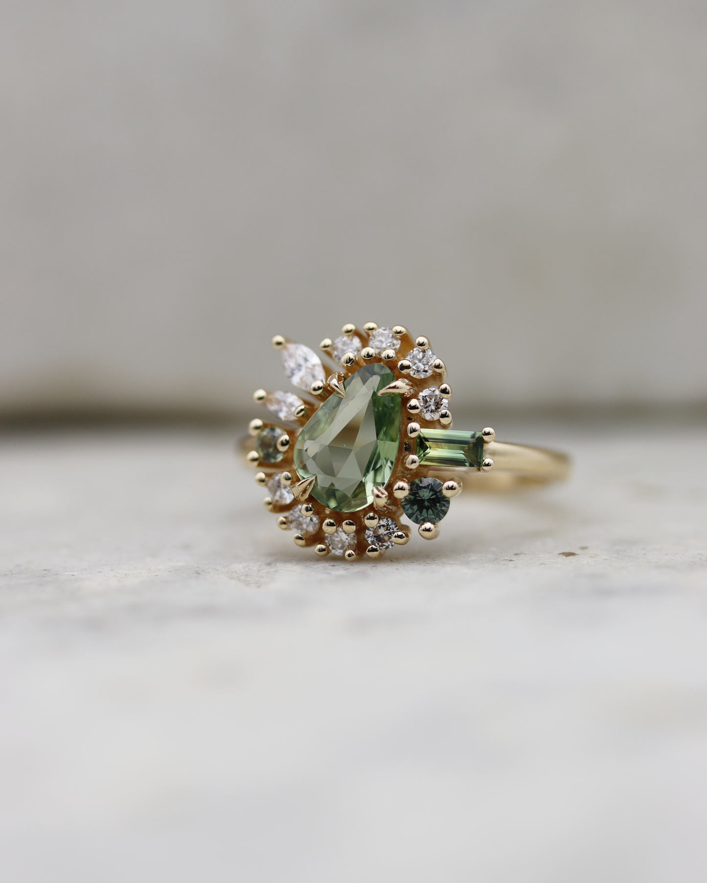 Painter’s Palette 0.90ct Sage Green Rose Cut Sapphire Cluster Ring