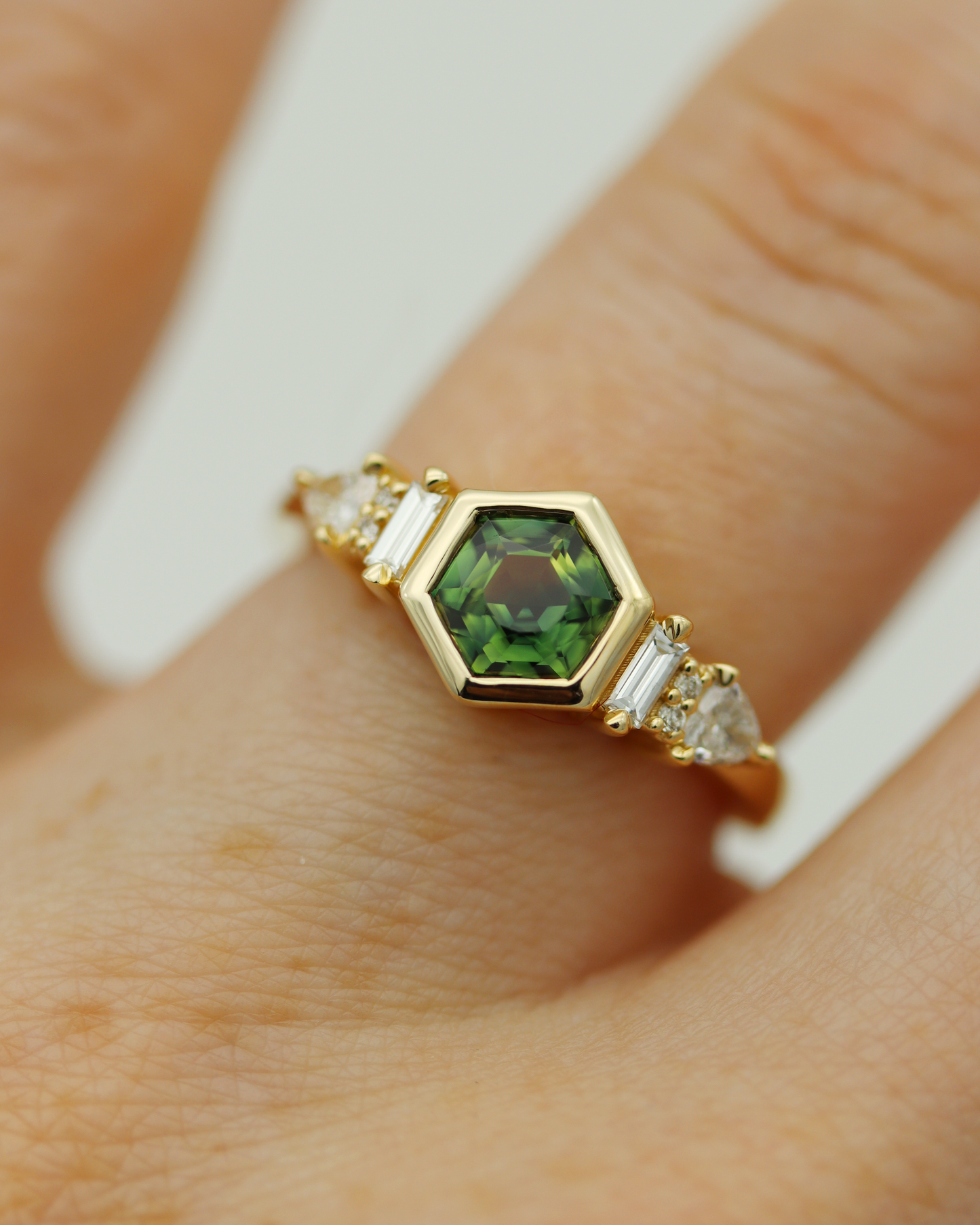 Iona 0.88ct Teal Hexagonal Cut Sapphire and Diamond Engagement Ring
