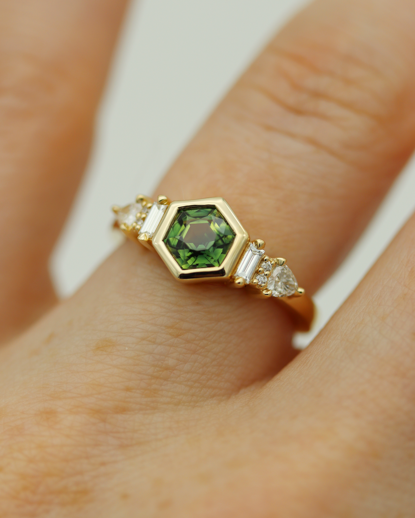 Iona 0.88ct Teal Hexagonal Cut Sapphire and Diamond Engagement Ring