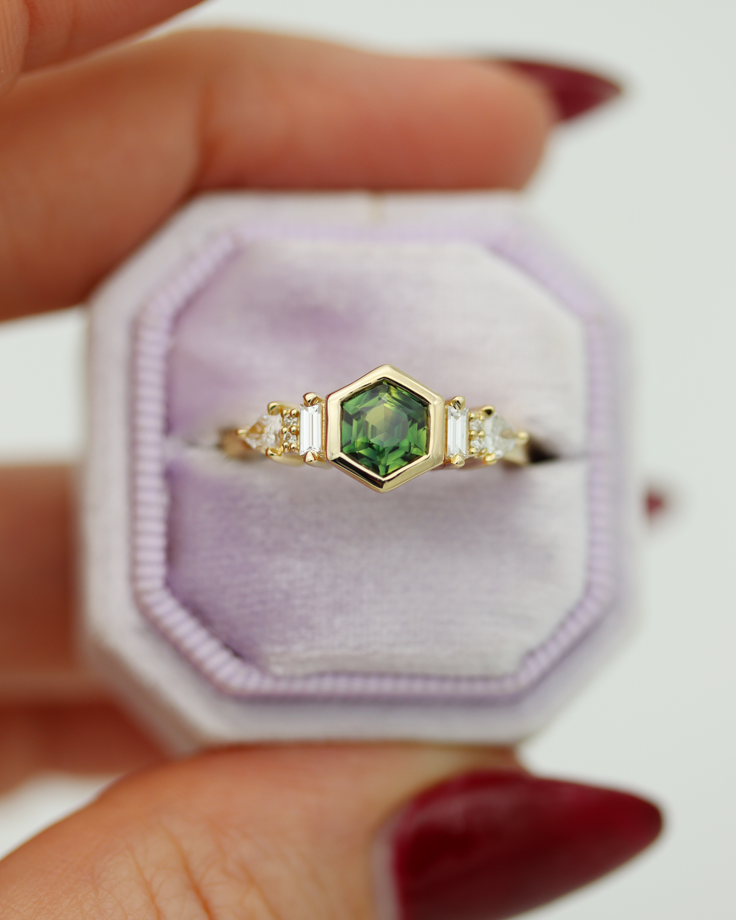 Iona 0.88ct Teal Hexagonal Cut Sapphire and Diamond Engagement Ring