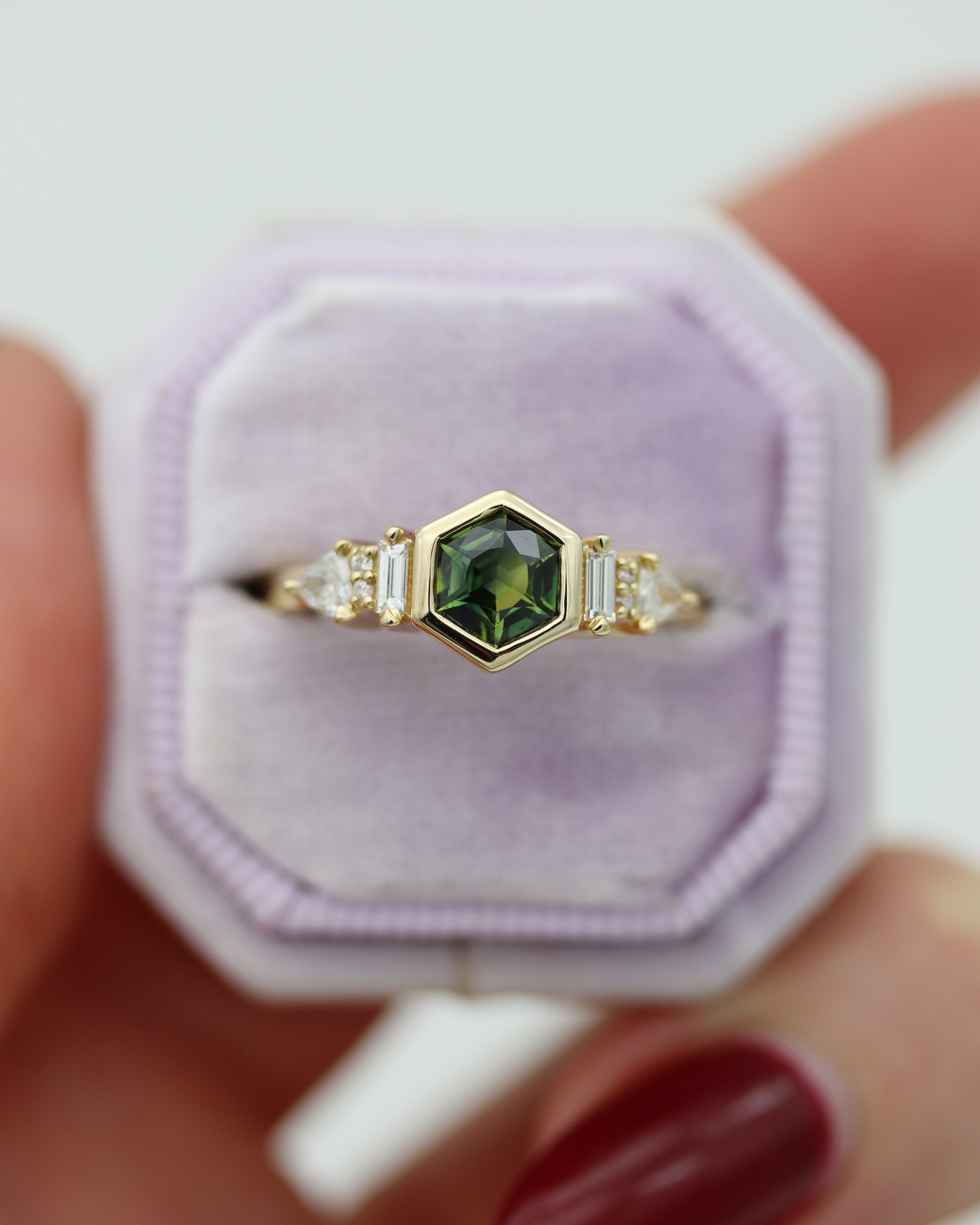 Iona 0.88ct Teal Hexagonal Cut Sapphire and Diamond Engagement Ring