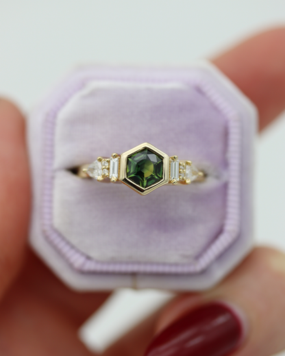 Iona 0.88ct Teal Hexagonal Cut Sapphire and Diamond Engagement Ring