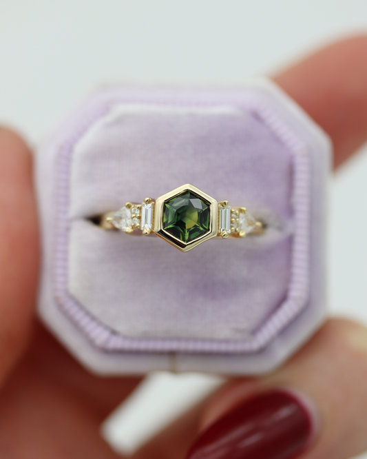 Iona 0.88ct Teal Hexagonal Cut Sapphire and Diamond Engagement Ring