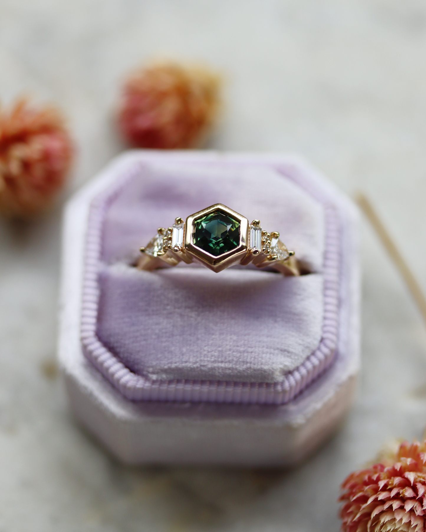 Iona 0.88ct Teal Hexagonal Cut Sapphire and Diamond Engagement Ring
