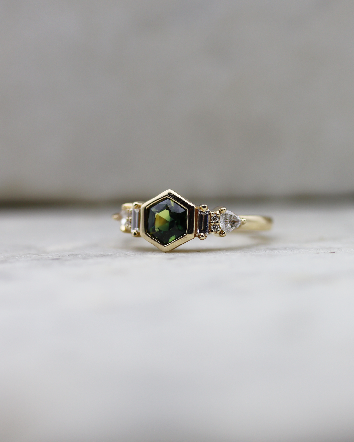 Iona 0.88ct Teal Hexagonal Cut Sapphire and Diamond Engagement Ring