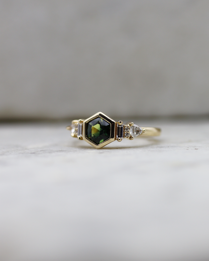 Iona 0.88ct Teal Hexagonal Cut Sapphire and Diamond Engagement Ring