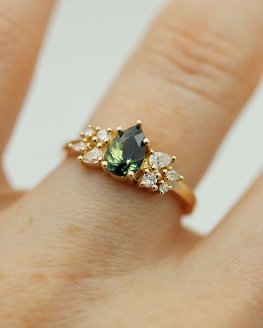 Maeve 0.92ct Blue Green Pear Cut Sapphire and Diamond Engagement Ring (Available for Custom)