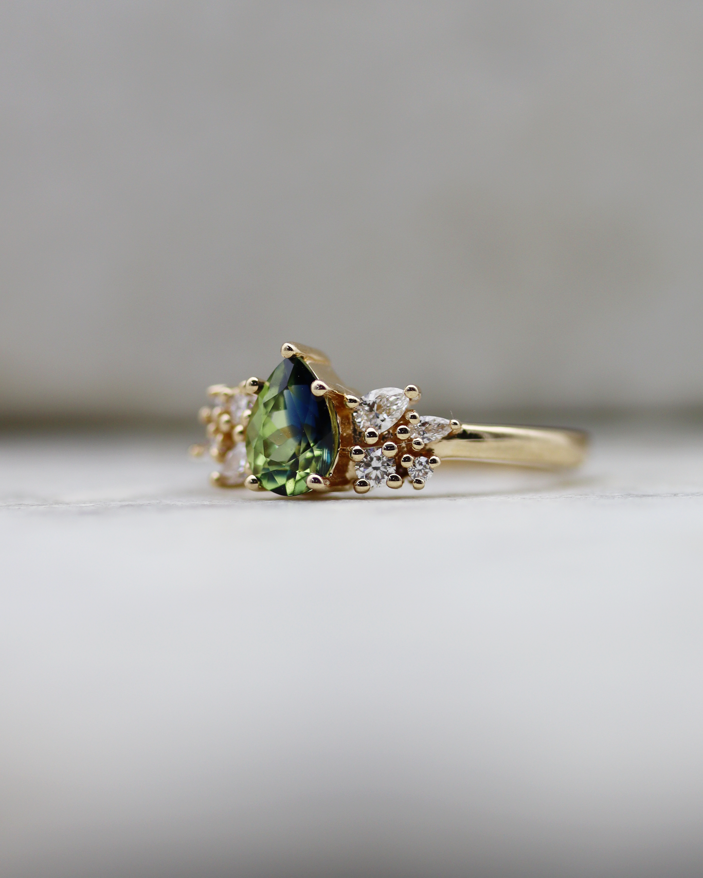 Maeve 0.92ct Blue Green Pear Cut Sapphire and Diamond Engagement Ring (Available for Custom)
