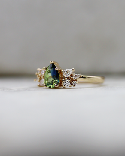 Maeve 0.92ct Blue Green Pear Cut Sapphire and Diamond Engagement Ring (Available for Custom)
