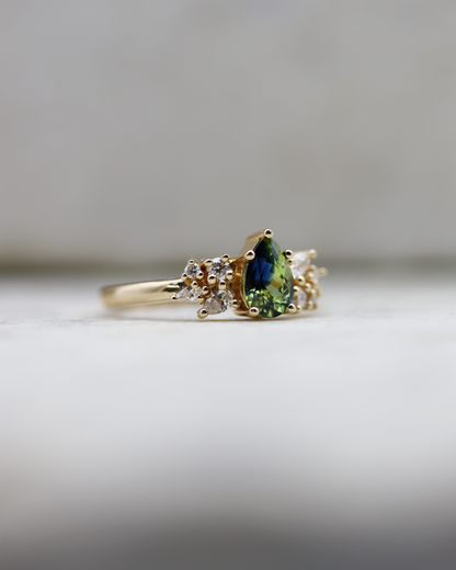 Maeve 0.92ct Blue Green Pear Cut Sapphire and Diamond Engagement Ring (Available for Custom)