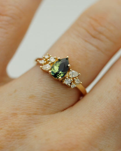 Maeve 0.92ct Blue Green Pear Cut Sapphire and Diamond Engagement Ring (Available for Custom)
