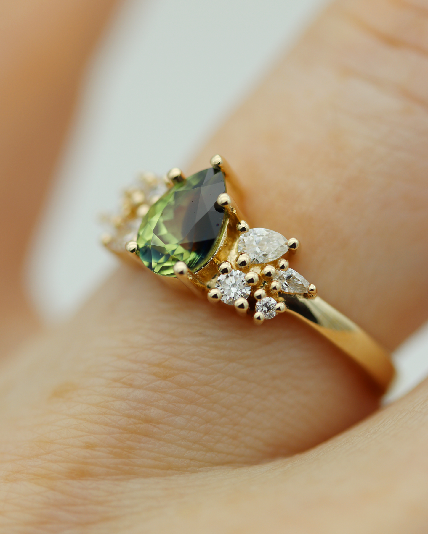 Maeve 0.92ct Blue Green Pear Cut Sapphire and Diamond Engagement Ring (Available for Custom)