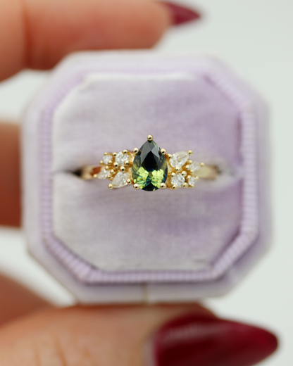 Maeve 0.92ct Blue Green Pear Cut Sapphire and Diamond Engagement Ring (Available for Custom)