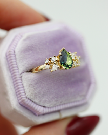 Maeve 0.92ct Blue Green Pear Cut Sapphire and Diamond Engagement Ring (Available for Custom)