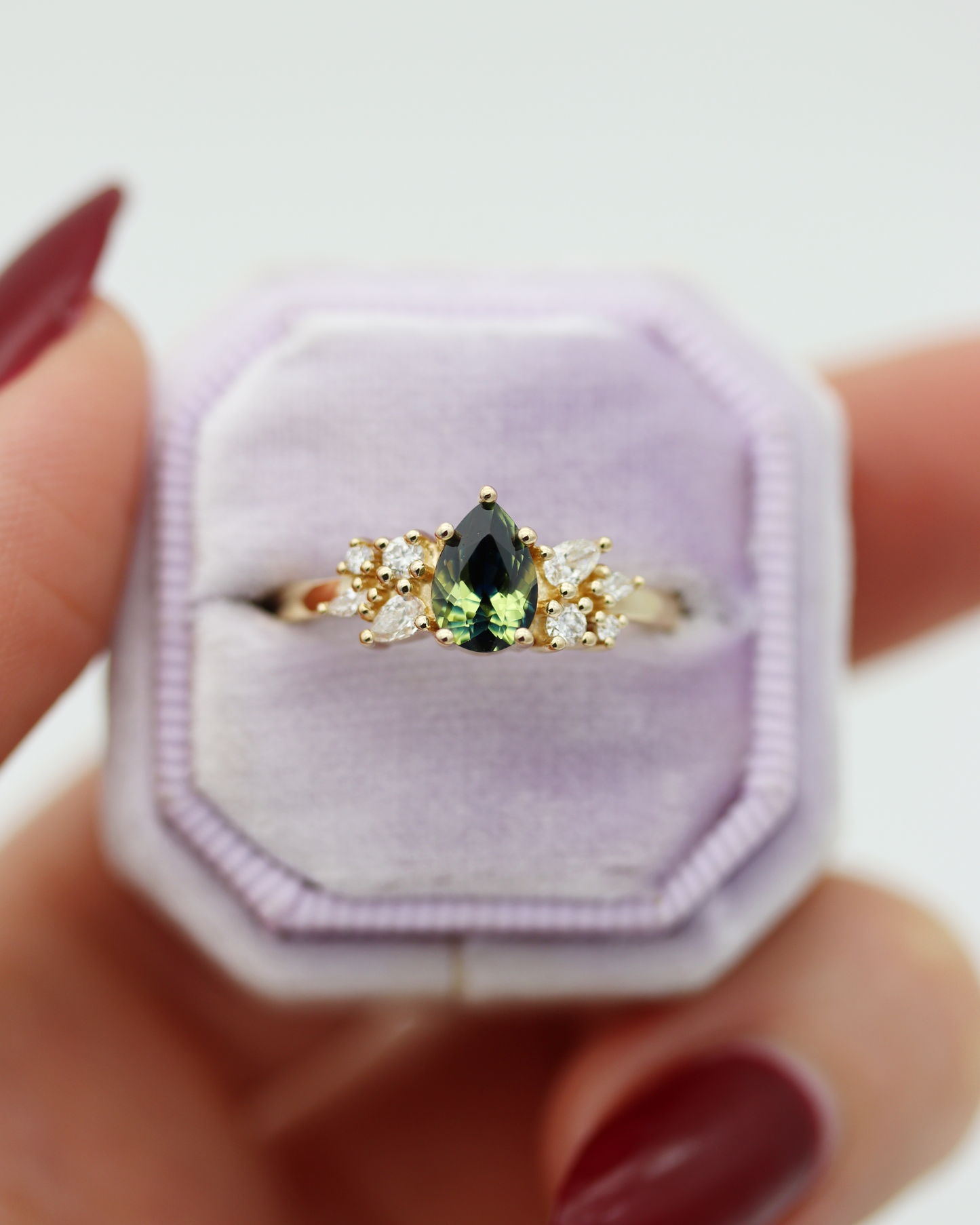 Maeve 0.92ct Blue Green Pear Cut Sapphire and Diamond Engagement Ring (Available for Custom)