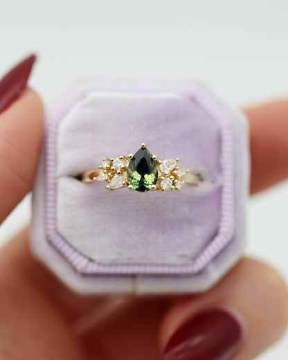 Maeve 0.92ct Blue Green Pear Cut Sapphire and Diamond Engagement Ring (Available for Custom)
