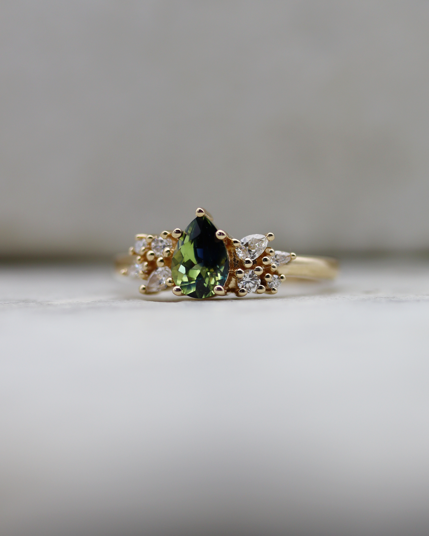 Maeve 0.92ct Blue Green Pear Cut Sapphire and Diamond Engagement Ring (Available for Custom)