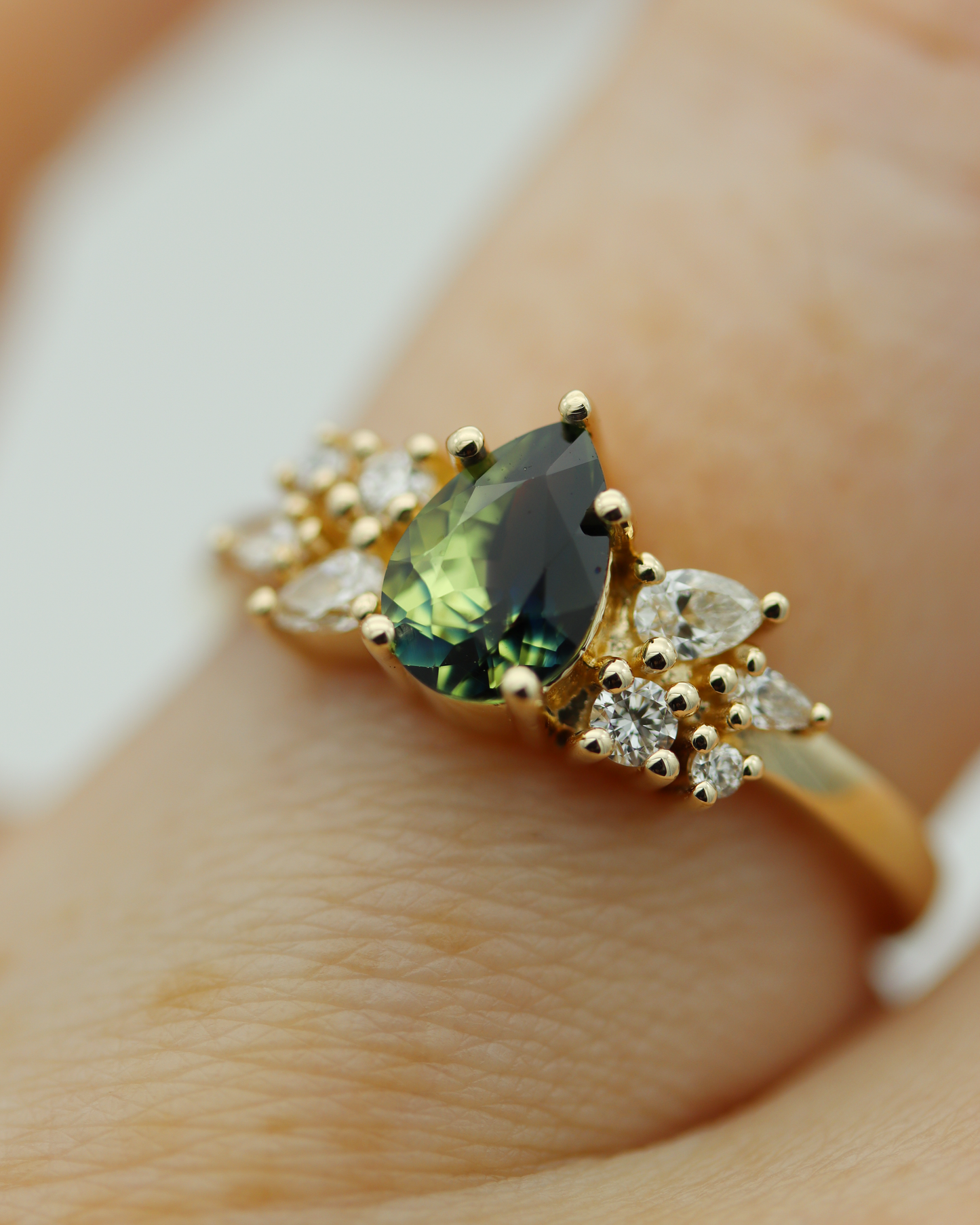 Maeve 0.92ct Blue Green Pear Cut Sapphire and Diamond Engagement Ring (Available for Custom)