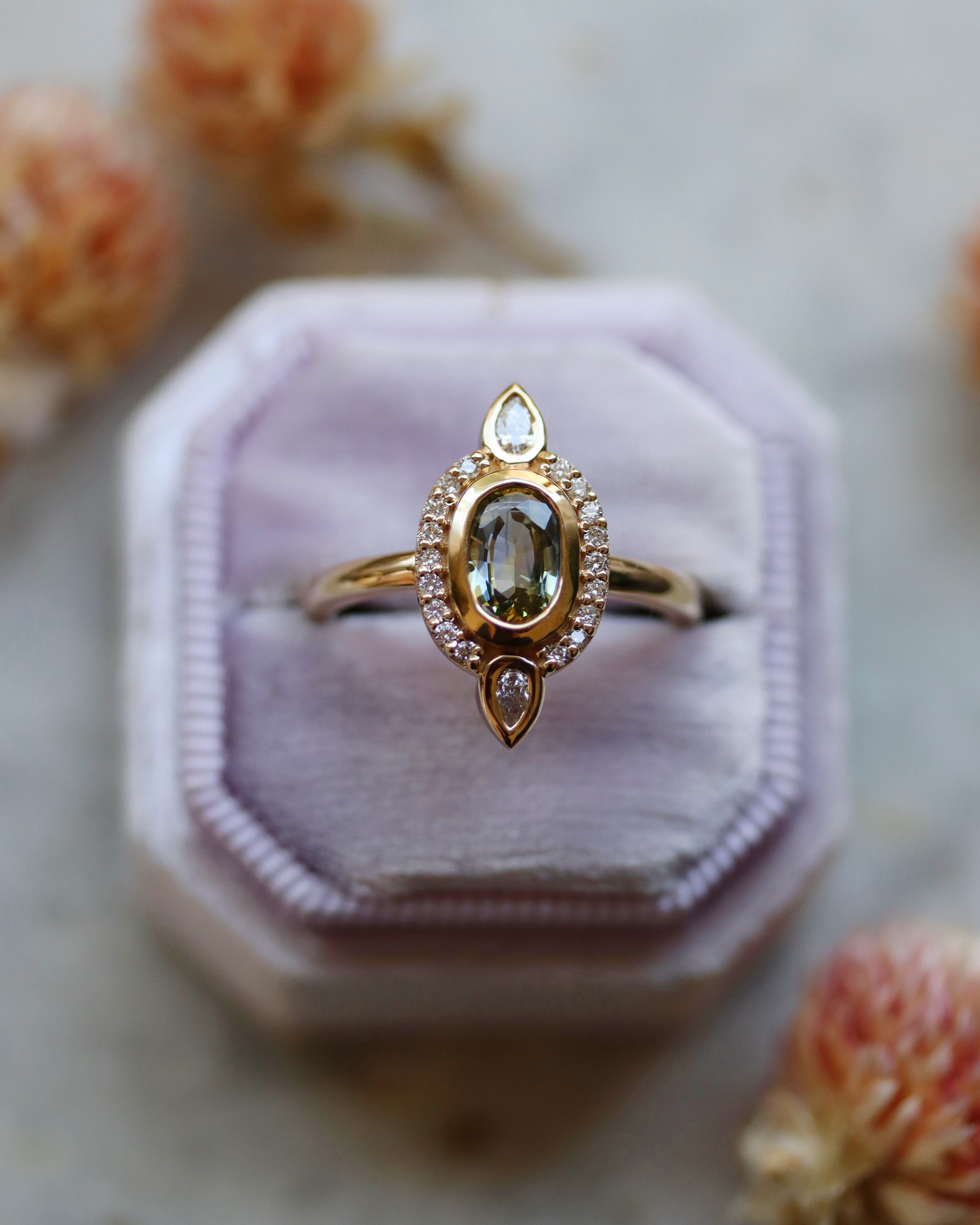 Elspeth 0.78ct Oval Cut Parti Sapphire and Diamond Halo Ring