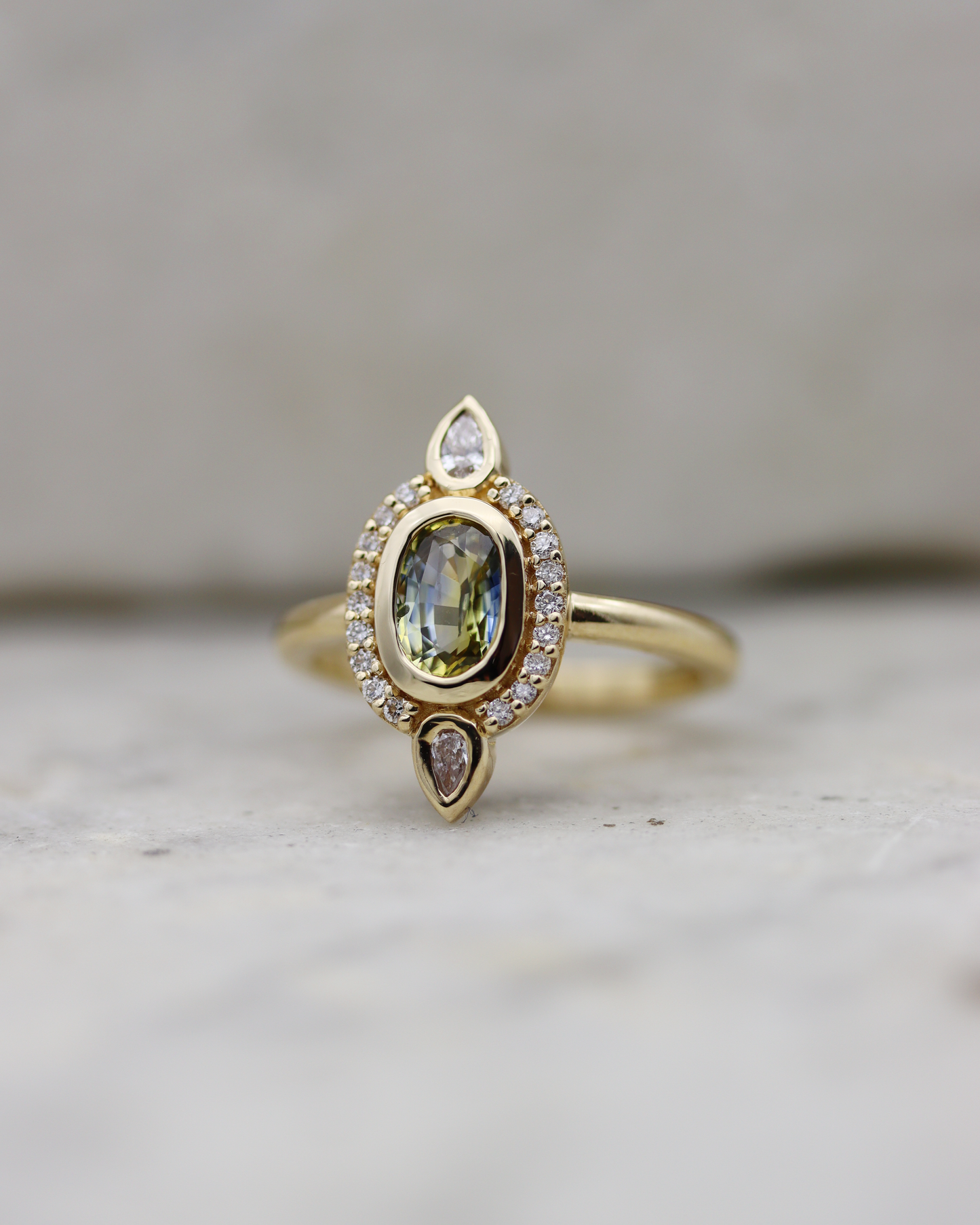 Elspeth 0.78ct Oval Cut Parti Sapphire and Diamond Halo Ring