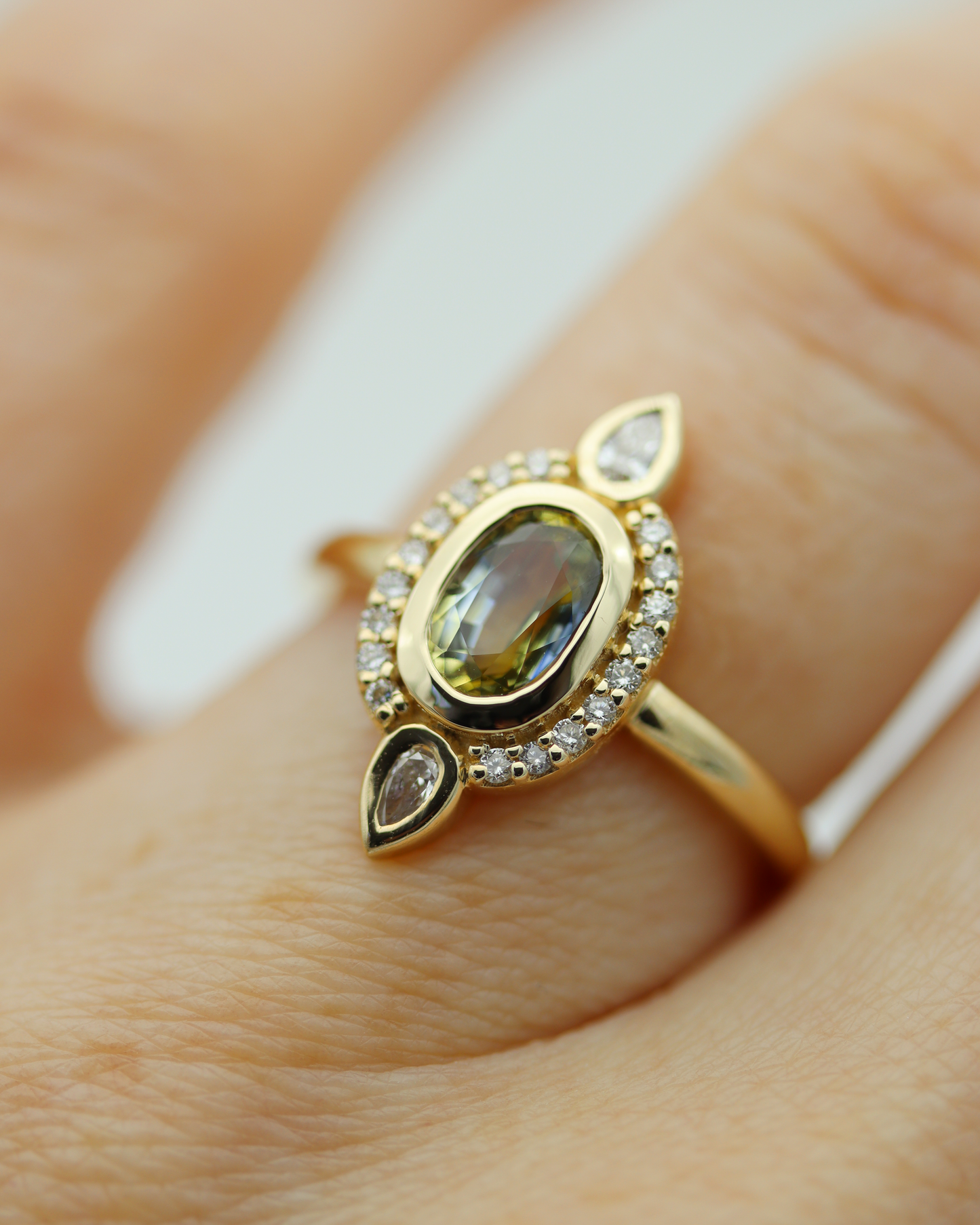 Elspeth 0.78ct Oval Cut Parti Sapphire and Diamond Halo Ring