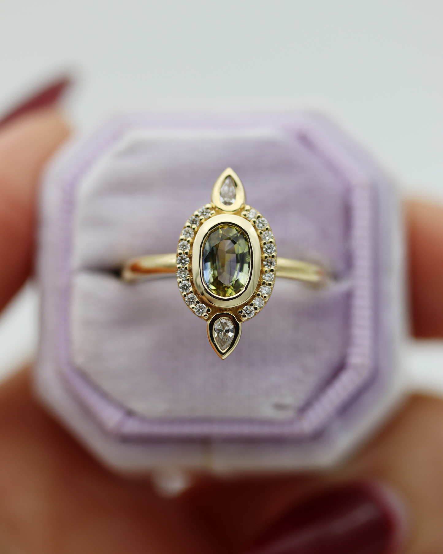 Elspeth 0.78ct Oval Cut Parti Sapphire and Diamond Halo Ring