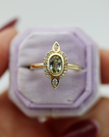 Elspeth 0.78ct Oval Cut Parti Sapphire and Diamond Halo Ring