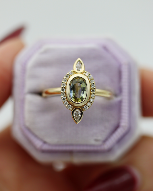 Elspeth 0.78ct Oval Cut Parti Sapphire and Diamond Halo Ring