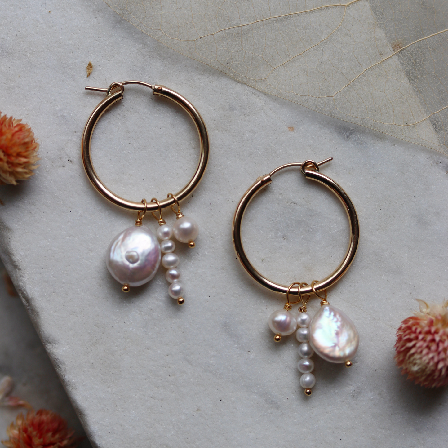 Gold Fill Hoop Earrings with Pearl Charms