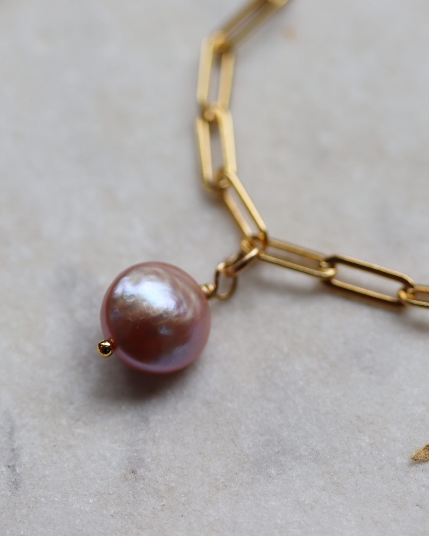 Gold Fill Paperclip Bracelet with Pink Pearl Charm