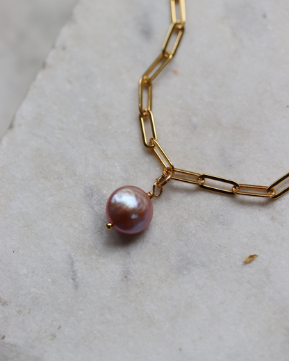 Gold Fill Paperclip Bracelet with Pink Pearl Charm