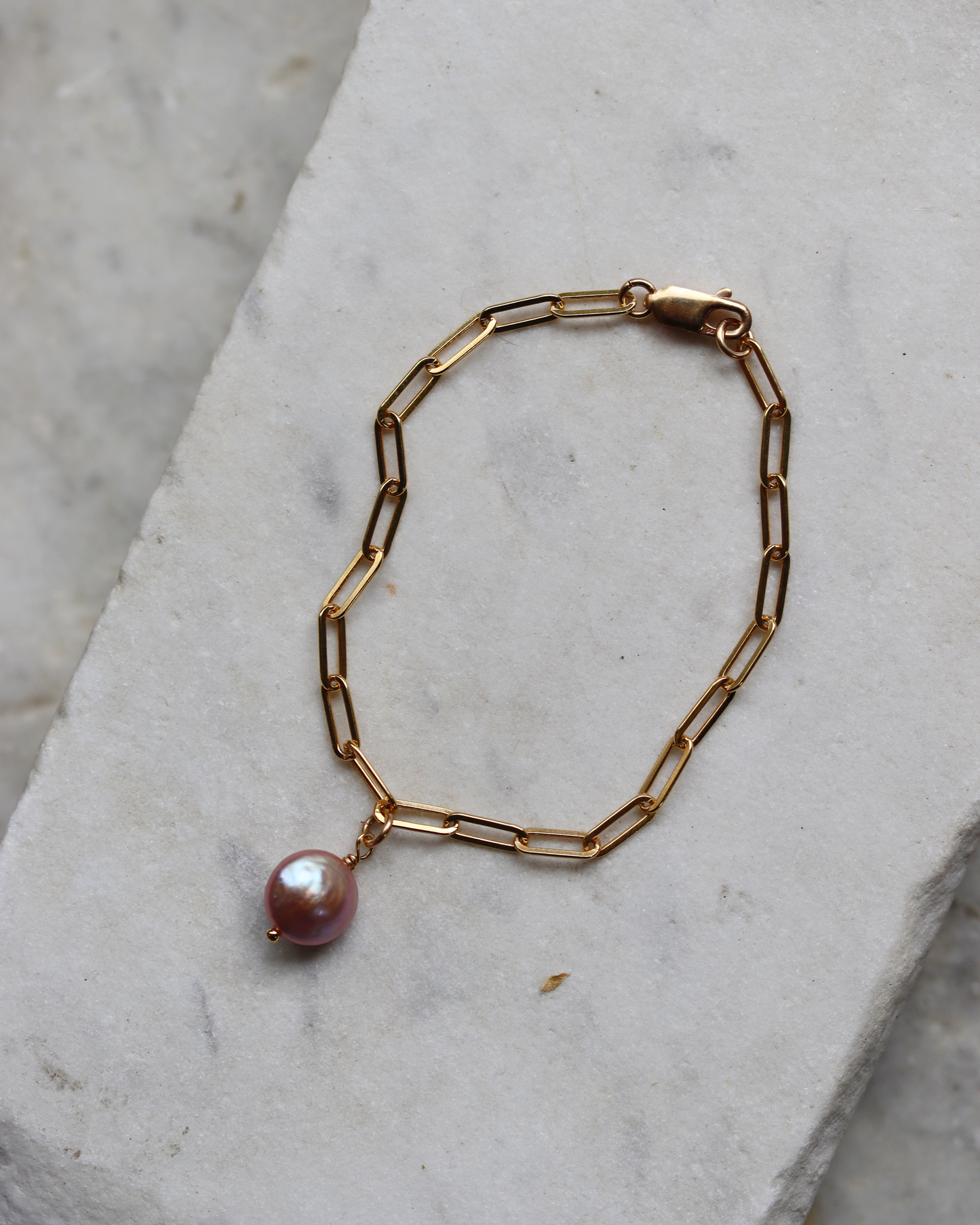 Gold Fill Paperclip Bracelet with Pink Pearl Charm