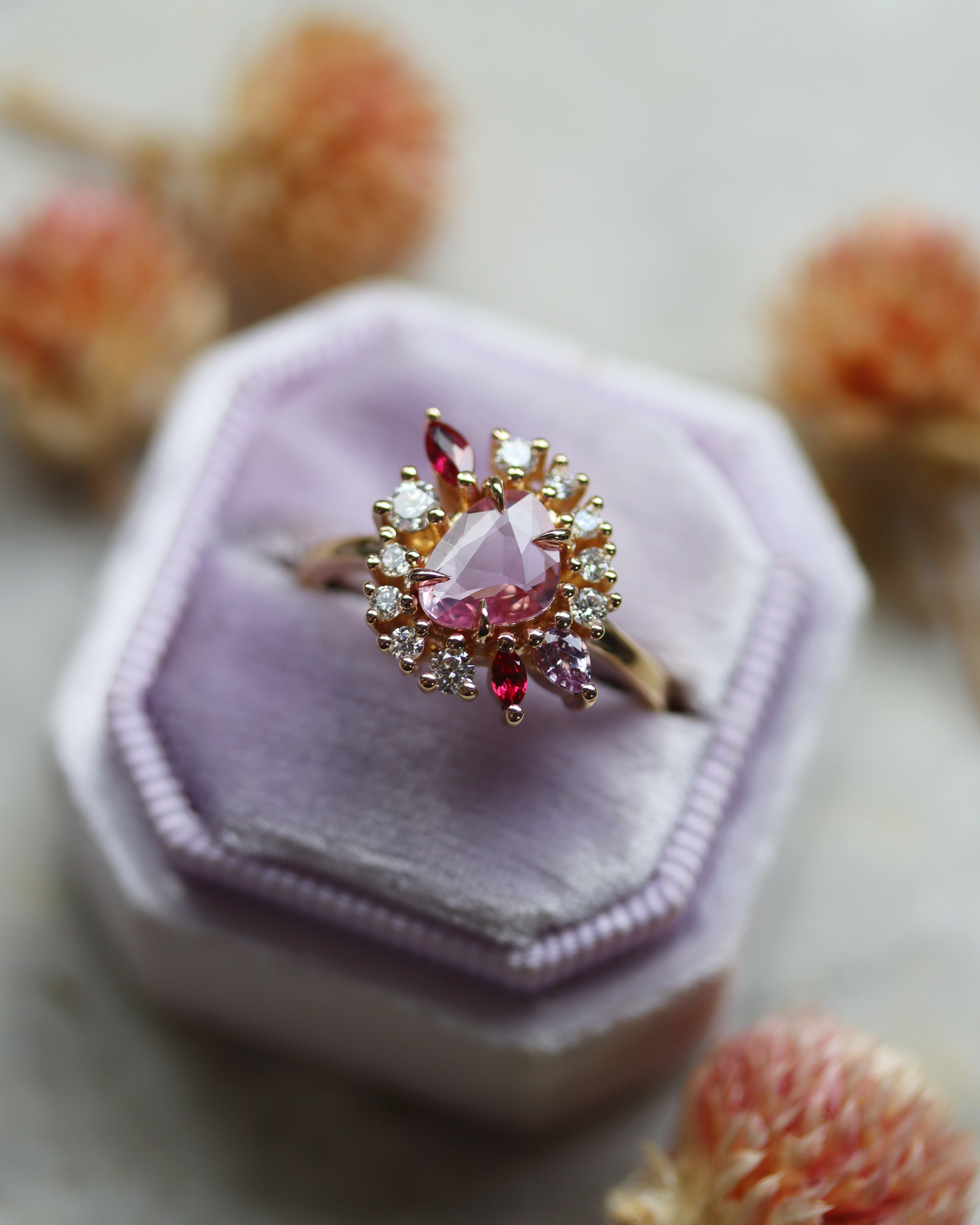 Painter’s Palette 0.70ct Pink Rose Cut Sapphire and Ruby Cluster Ring