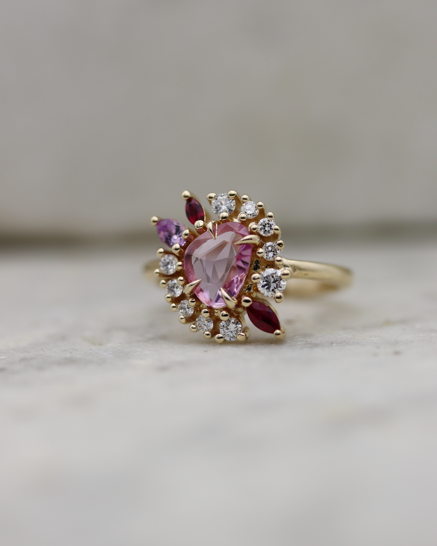 Painter’s Palette 0.70ct Pink Rose Cut Sapphire and Ruby Cluster Ring